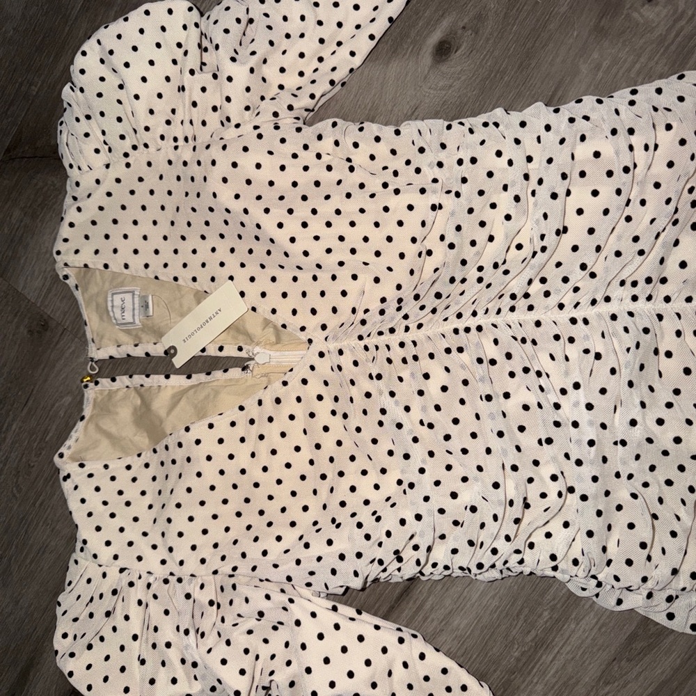 Maeve Puff-Sleeve Ruched Mesh Polka Dot Mini Dress - Picture 8 of 10